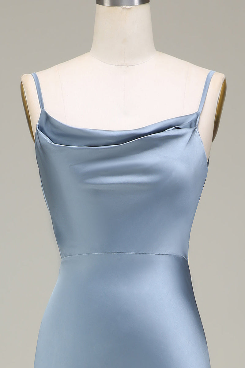 Load image into Gallery viewer, Dusty Blue Sheath Spaghetti Straps Satin Long Bridesmaid Dress
