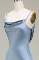 Load image into Gallery viewer, Dusty Blue Sheath Spaghetti Straps Satin Long Bridesmaid Dress