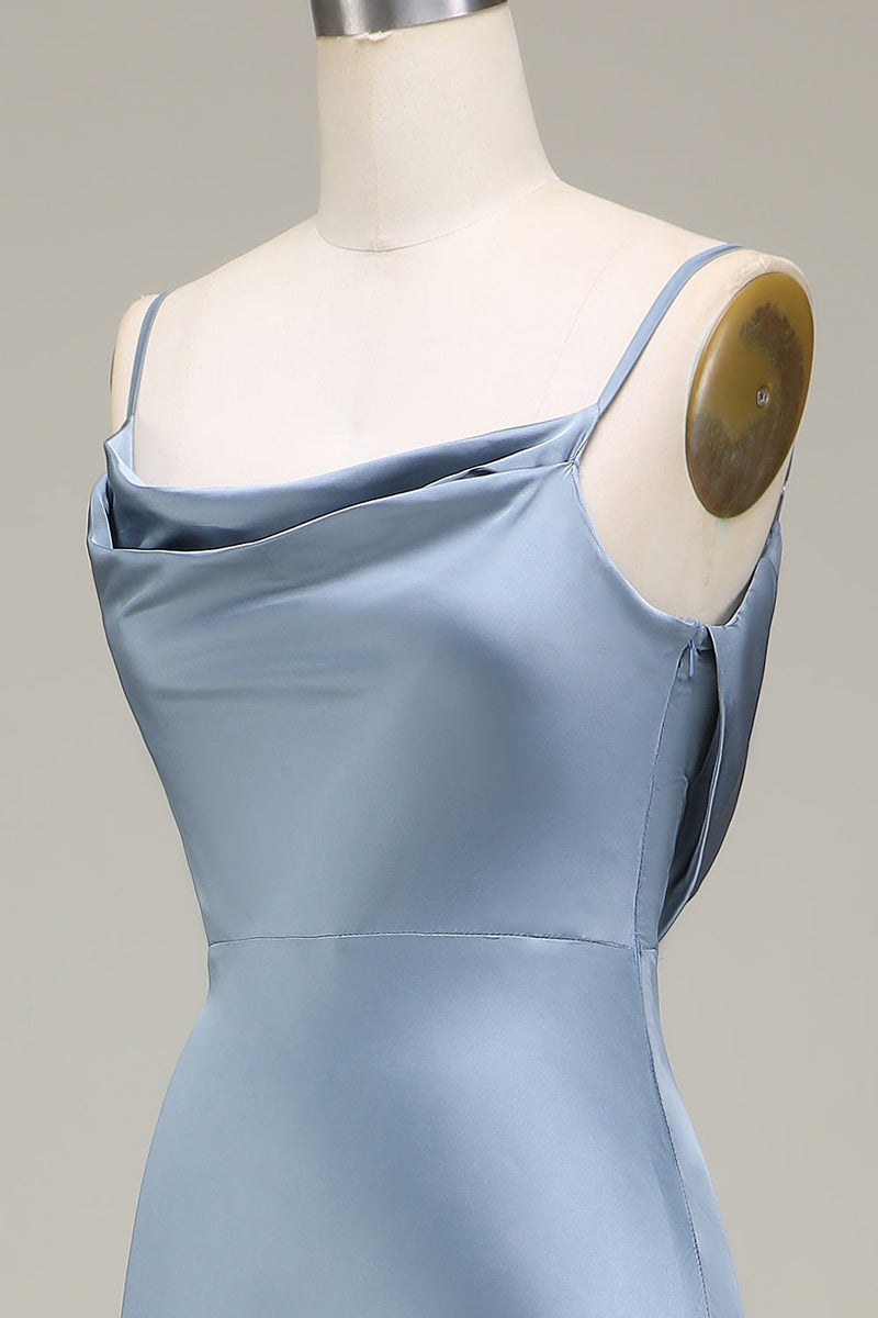 Load image into Gallery viewer, Dusty Blue Sheath Spaghetti Straps Satin Long Bridesmaid Dress