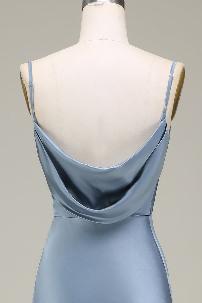Load image into Gallery viewer, Dusty Blue Sheath Spaghetti Straps Satin Long Bridesmaid Dress
