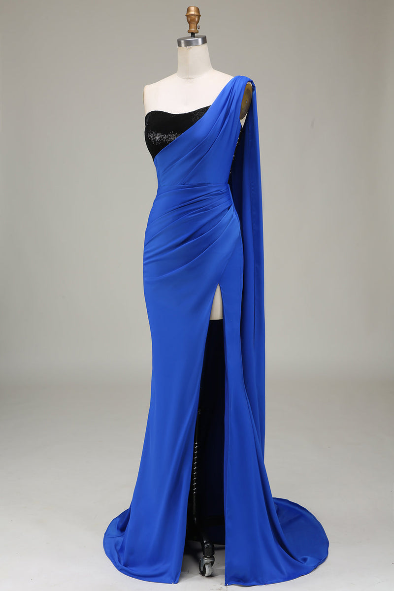 Load image into Gallery viewer, Royal Blue One Shoulder Satin and Sequin Mermaid Prom Dress with Slit