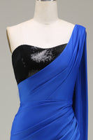 Load image into Gallery viewer, Royal Blue One Shoulder Satin and Sequin Mermaid Prom Dress with Slit