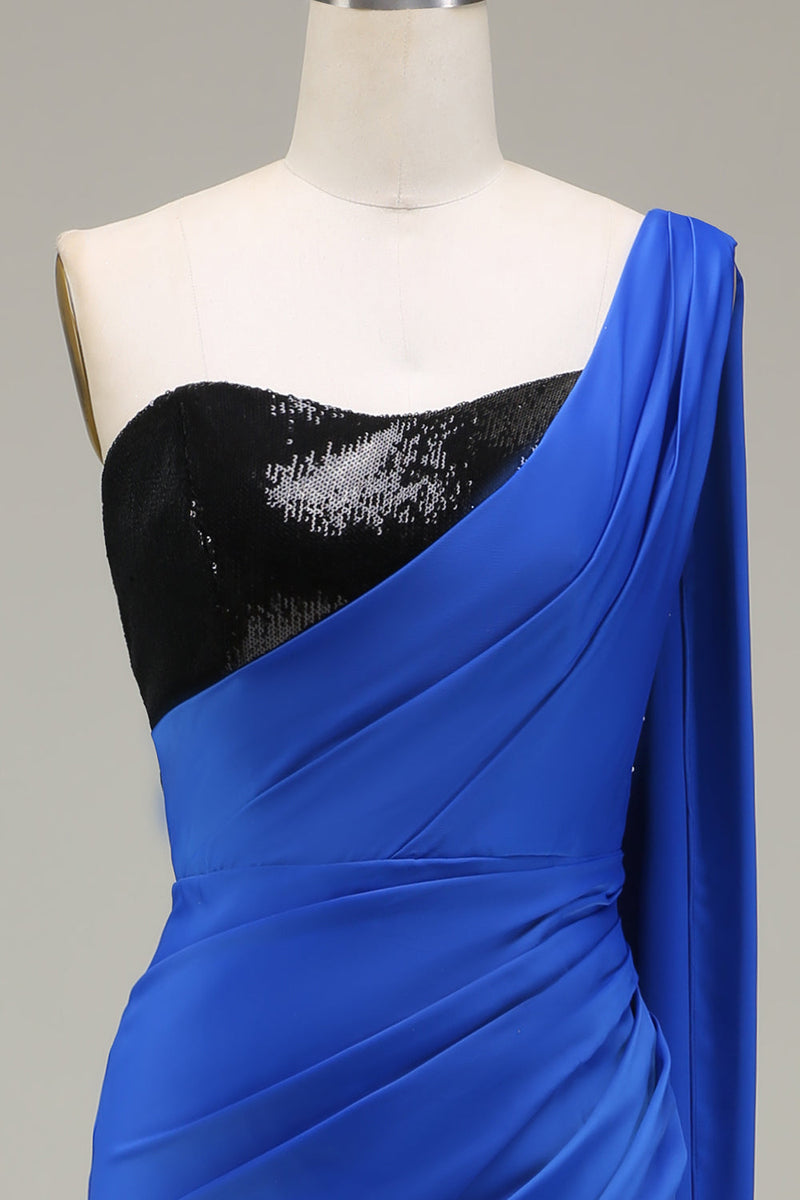 Load image into Gallery viewer, Royal Blue One Shoulder Satin and Sequin Mermaid Prom Dress with Slit