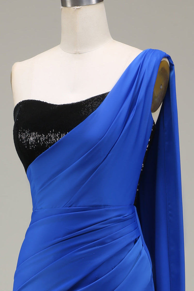 Load image into Gallery viewer, Royal Blue One Shoulder Satin and Sequin Mermaid Prom Dress with Slit