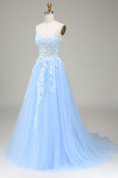 Load image into Gallery viewer, Tulle A-Line Spaghetti Straps Sky Blue Prom Dress with Appliques