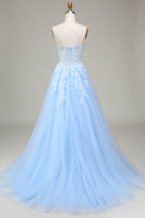 Load image into Gallery viewer, Tulle A-Line Spaghetti Straps Sky Blue Prom Dress with Appliques