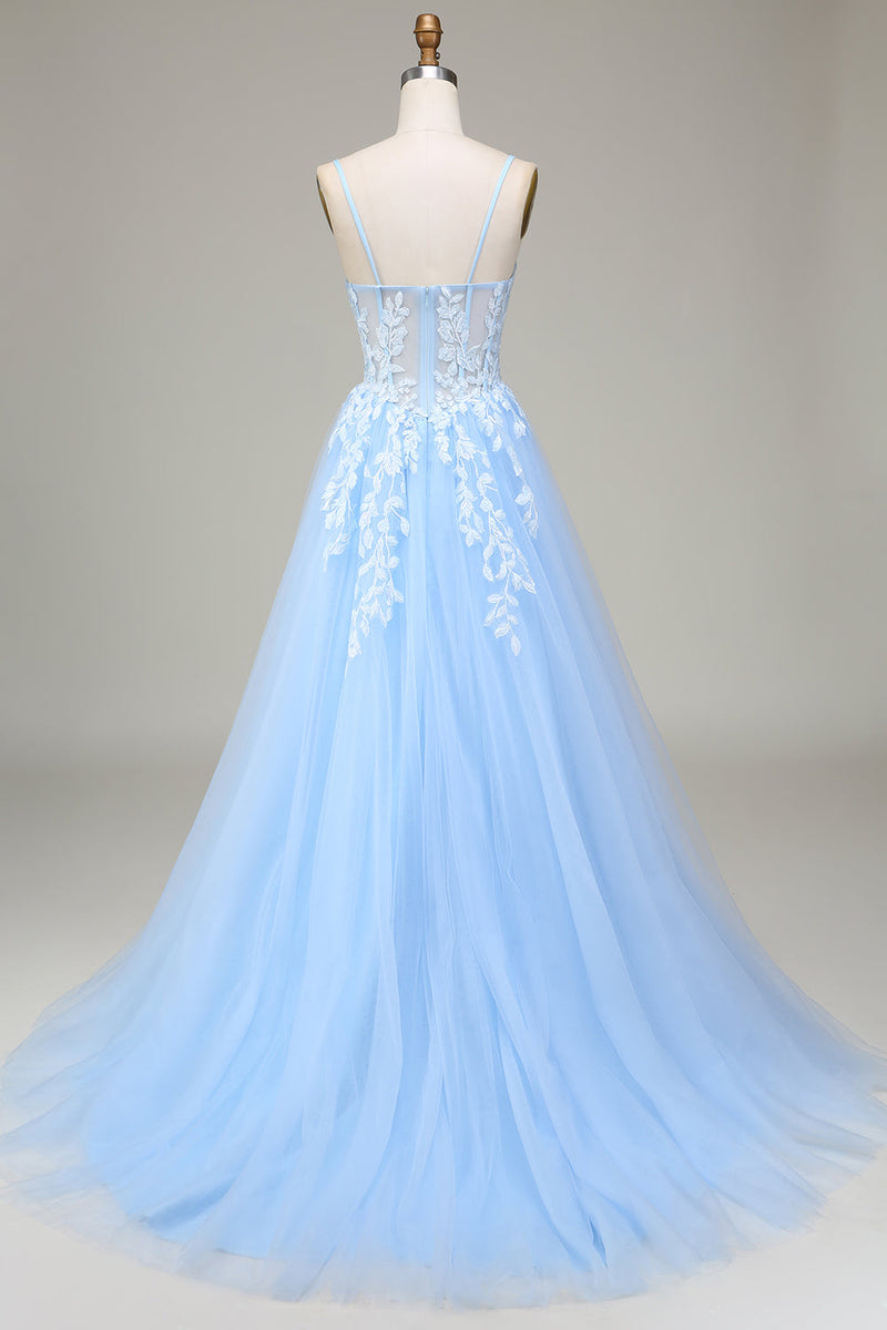 Load image into Gallery viewer, Tulle A-Line Spaghetti Straps Sky Blue Prom Dress with Appliques
