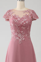Load image into Gallery viewer, Dusty Rose A-Line Scoop Illusion Tea-Length Mother of the Bride Dress With Sequins