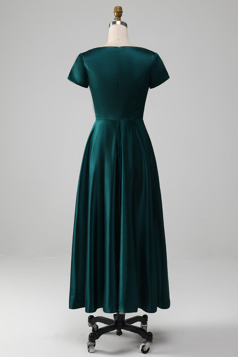 Load image into Gallery viewer, Peacock Satin V-neck A-line Pleated Mother of the Bride Dress