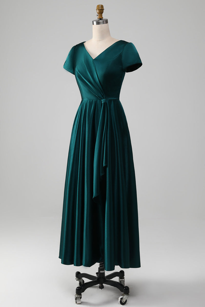 Load image into Gallery viewer, Peacock Satin V-neck A-line Pleated Mother of the Bride Dress