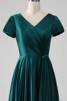 Load image into Gallery viewer, Peacock Satin V-neck A-line Pleated Mother of the Bride Dress