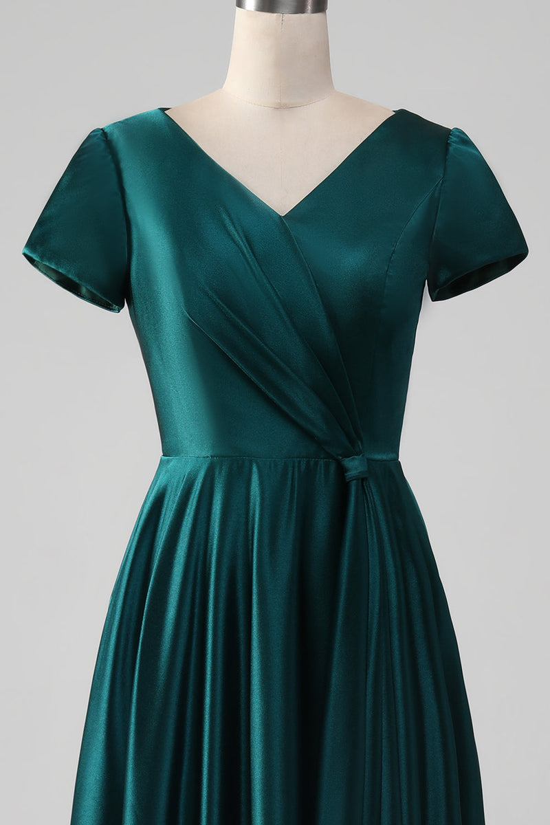 Load image into Gallery viewer, Peacock Satin V-neck A-line Pleated Mother of the Bride Dress
