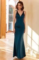 Load image into Gallery viewer, Sheath V Neck Peacock Blue Long Prom Dress with Criss Cross Back