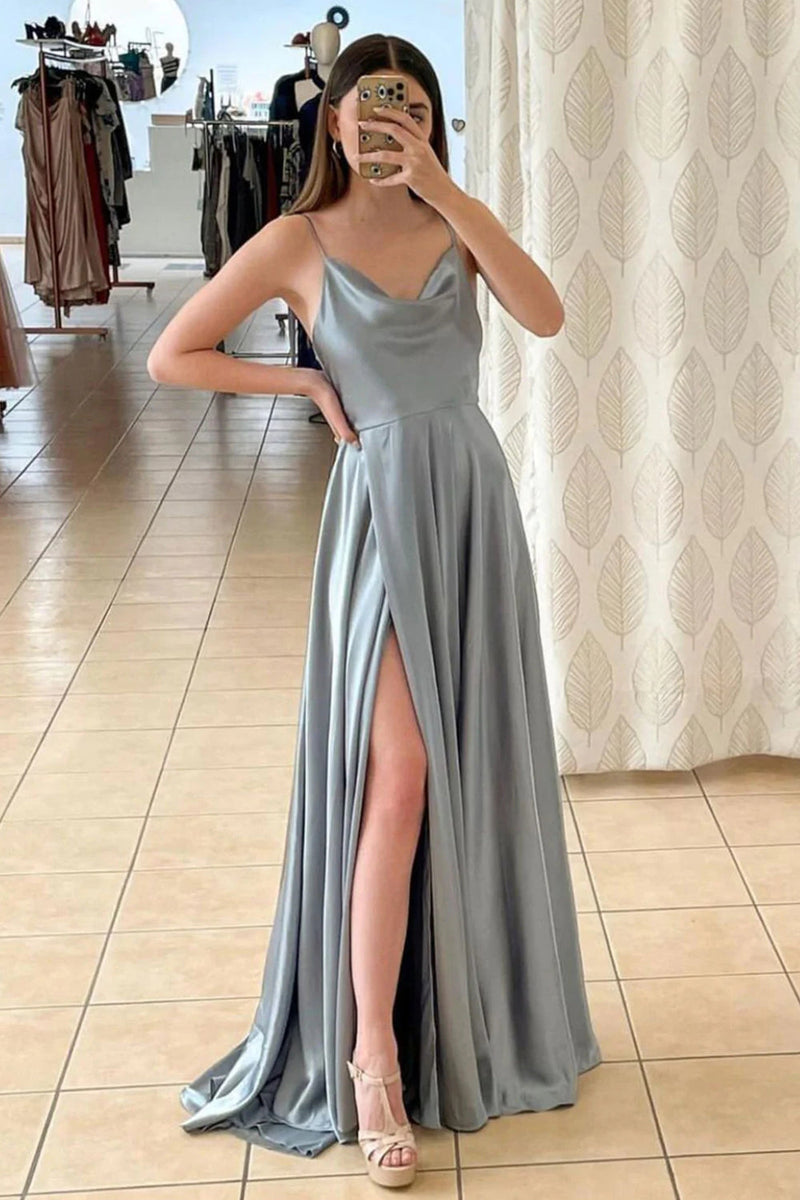 Load image into Gallery viewer, Sage Green Satin Long Prom Dress with Slit