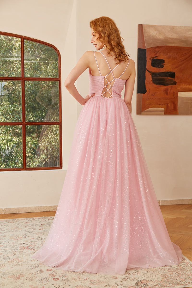 Load image into Gallery viewer, Glitter Lace-Up Ruched Pink Princess Prom Dress