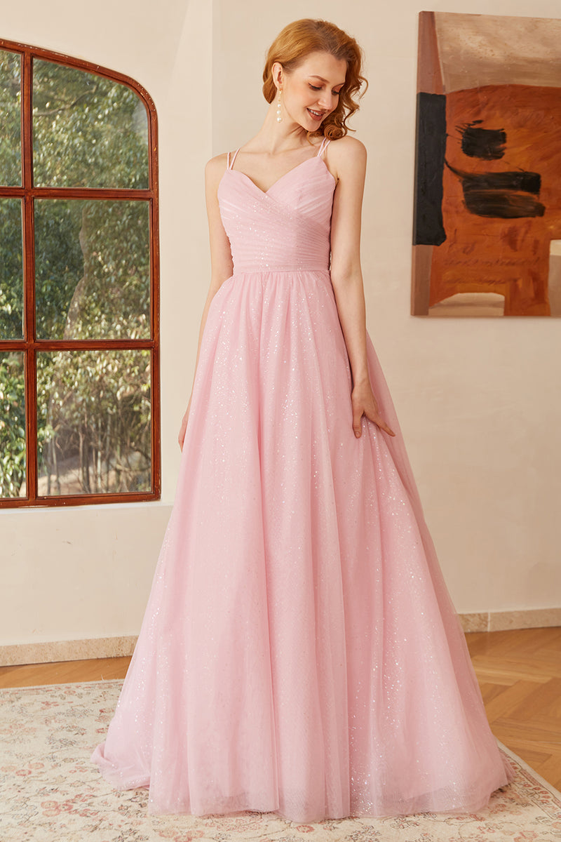 Load image into Gallery viewer, Glitter Lace-Up Ruched Pink Princess Prom Dress