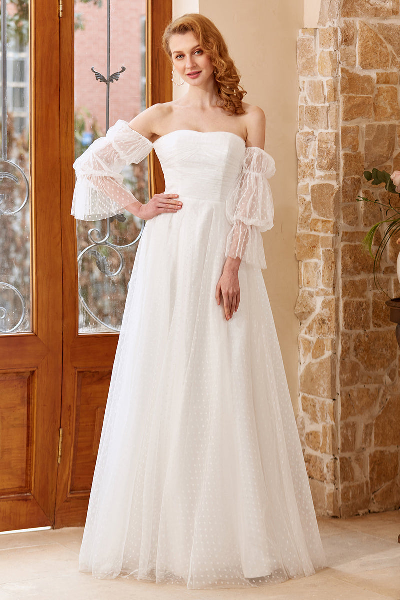 Load image into Gallery viewer, White Tulle Off Shoulder Wedding Dress