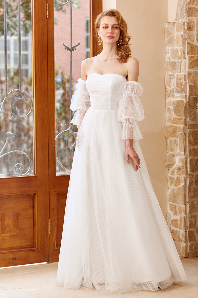 Load image into Gallery viewer, White Tulle Off Shoulder Wedding Dress