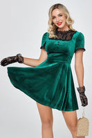 Load image into Gallery viewer, Dark Green Short Velvet Party Dresses with Lace