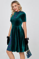 Load image into Gallery viewer, Dark Green Plaid Vintage Velvet Dress
