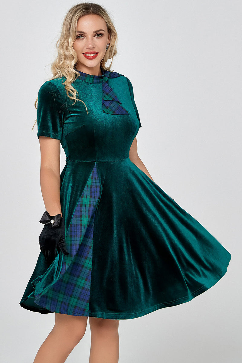 Load image into Gallery viewer, Dark Green Plaid Vintage Velvet Dress