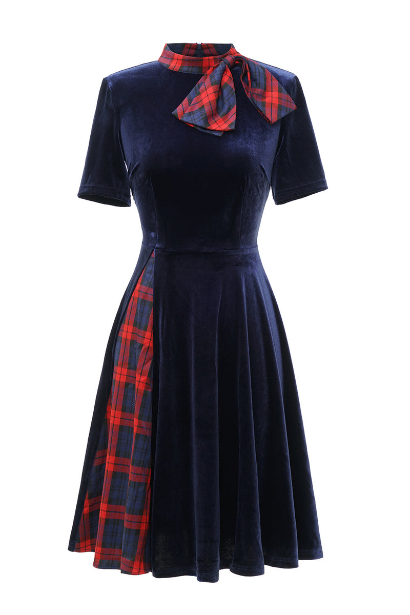 Load image into Gallery viewer, Dark Green Plaid Vintage Velvet Dress