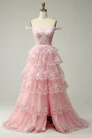 Load image into Gallery viewer, Off Shoulder Layered Pink Prom Dress with Slit