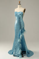 Load image into Gallery viewer, Sequin Feathers Strapless Prom Dress with Slit