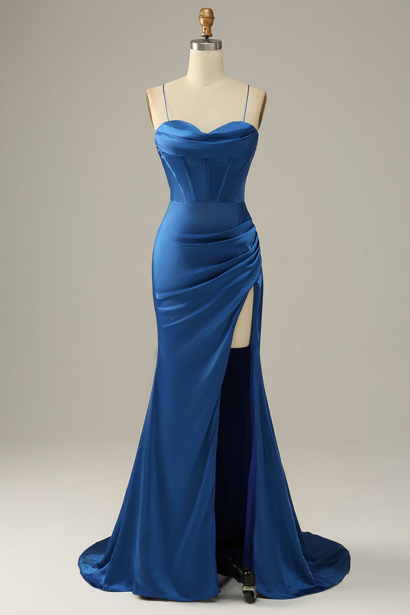 Hellymoon Women Satin Corset Prom Dress with Slit Blue Spaghetti