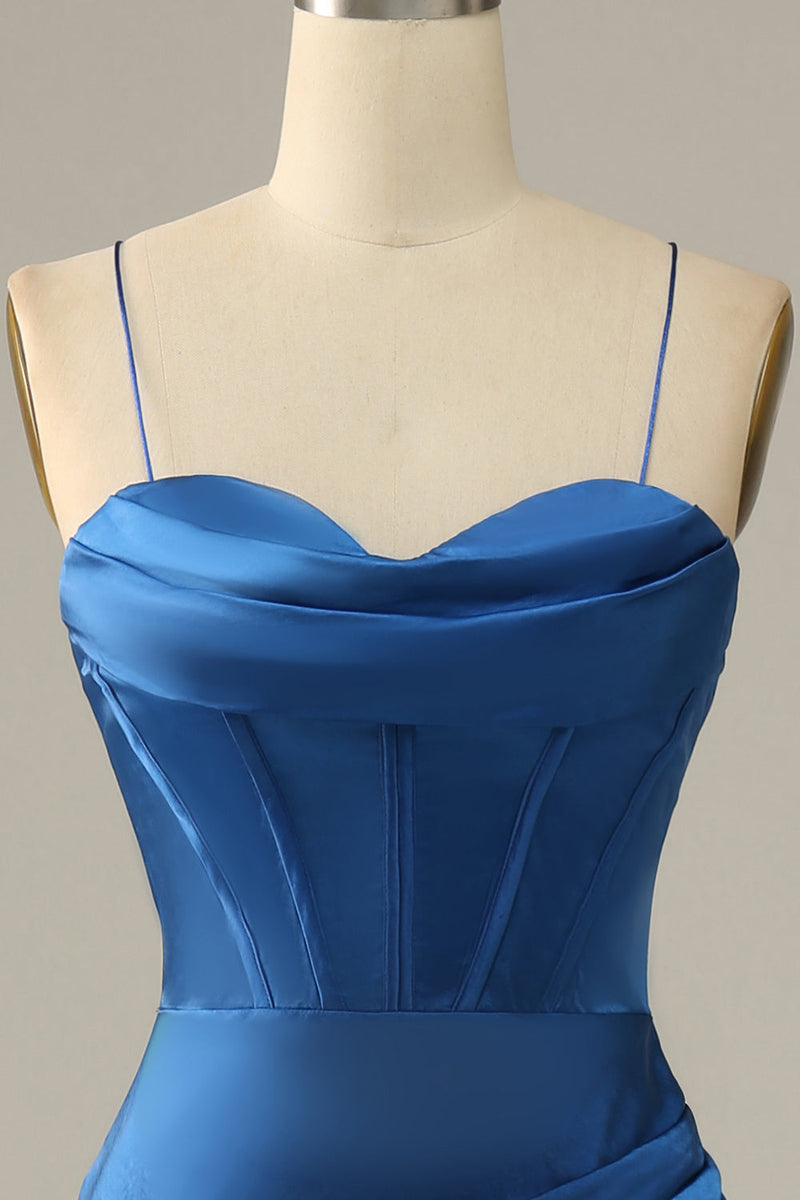 Load image into Gallery viewer, Royal Blue Satin Mermaid Corset Prom Dress with Slit