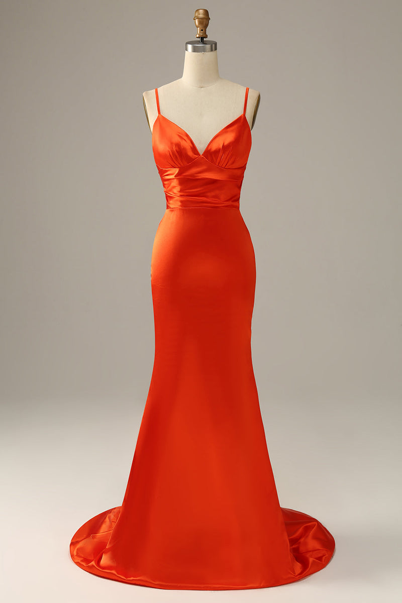Load image into Gallery viewer, Orange Spaghetti Straps Mermaid Prom Dress