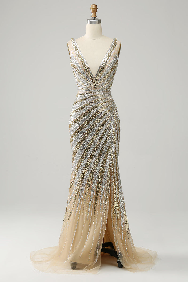 Hellymoon Women Golden Beaded Sparkly Prom Dress Sheath Deep V Neck Formal Dress with Silt hellymoonuk Hellymoon Women Golden Beaded Sparkly Prom Dress Sheath Deep V Neck Formal Dress with Silt hellymoonuk
