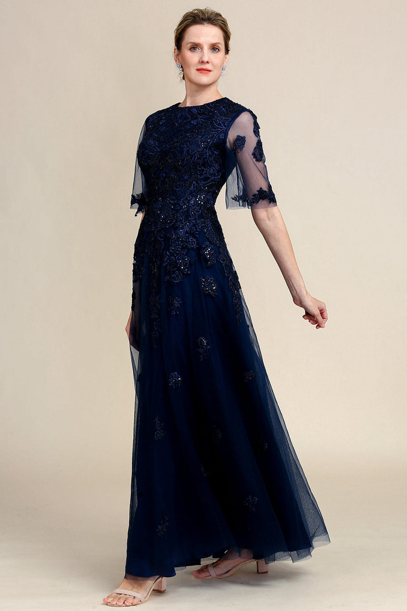 Load image into Gallery viewer, Sparkly Navy Beaded Mother of the Bride Dress with Lace
