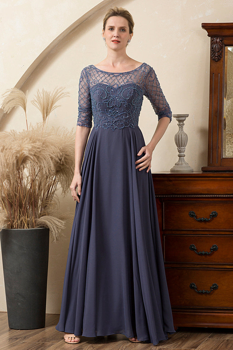 Hellymoon Women Sparkly Grey Blue Beaded A-Line Mother of the Bride Dress  with Sleeves – hellymoonuk