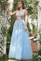Load image into Gallery viewer, Blue Tulle Princess Prom Dress with 3D Flowers