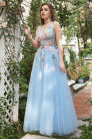 Load image into Gallery viewer, Blue Tulle Princess Prom Dress with 3D Flowers