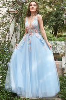 Load image into Gallery viewer, Blue Tulle Princess Prom Dress with 3D Flowers