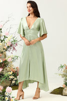 Load image into Gallery viewer, A Line Deep V Neck Light Green Wedding Guest Dress with Half Sleeves