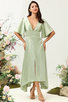 Load image into Gallery viewer, A Line Deep V Neck Light Green Wedding Guest Dress with Half Sleeves
