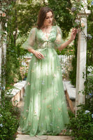 Load image into Gallery viewer, A Line Green Tulle Corset Prom Dress with Sleeves