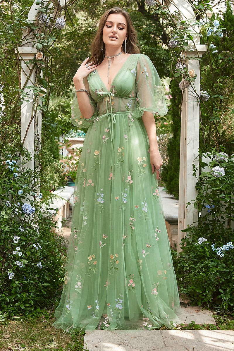 Load image into Gallery viewer, A Line Green Tulle Corset Prom Dress with Sleeves