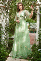 Load image into Gallery viewer, A Line Green Tulle Corset Prom Dress with Sleeves