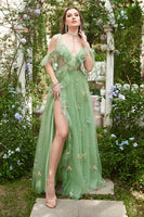 Load image into Gallery viewer, Green Off Shoulder A Line Prom Dress with Embroidery