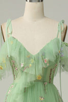Load image into Gallery viewer, Off the Shoulder Green A Line Prom Dress with Embroidery