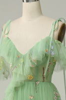 Load image into Gallery viewer, Off the Shoulder Green A Line Prom Dress with Embroidery