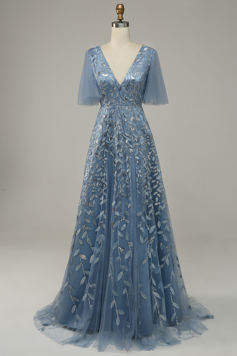 Load image into Gallery viewer, Grey Blue Tulle Embroidered A Line Prom Dress