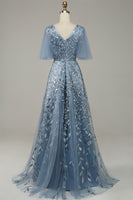 Load image into Gallery viewer, Grey Blue Tulle Embroidered A Line Prom Dress