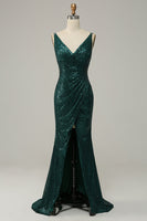 Load image into Gallery viewer, Dark Green Sequined Spaghetti Straps Prom Dress With Slit