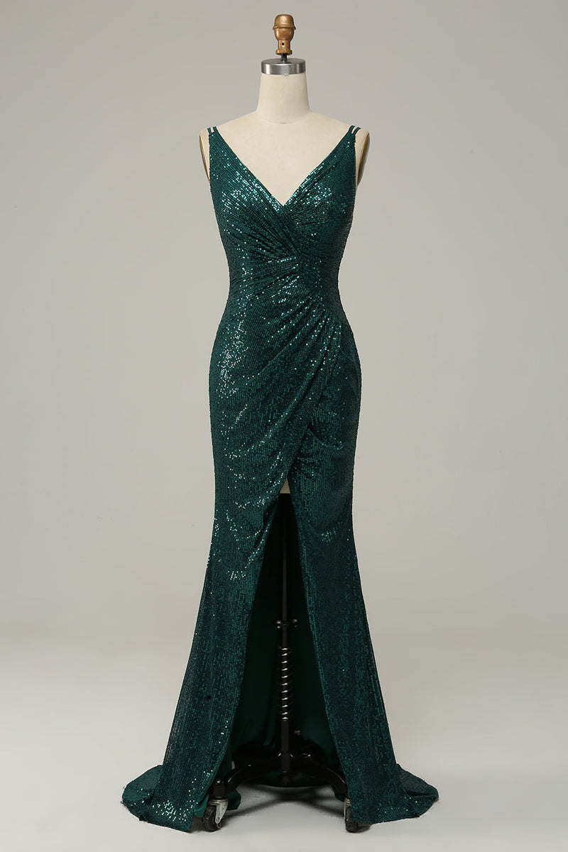 Load image into Gallery viewer, Dark Green Sequined Spaghetti Straps Prom Dress With Slit