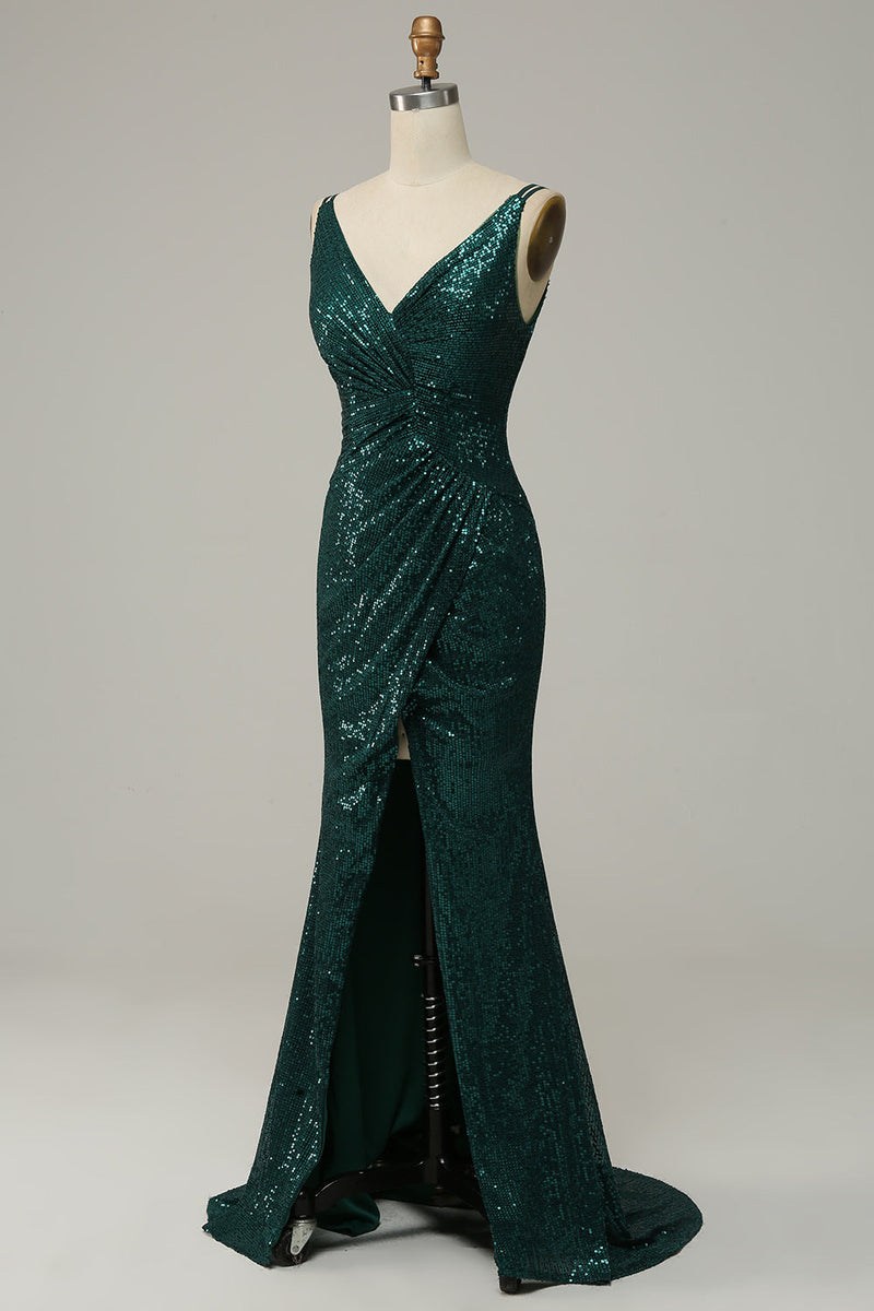 Load image into Gallery viewer, Dark Green Sequined Spaghetti Straps Prom Dress With Slit